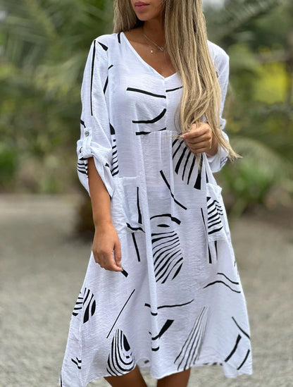 Fresh Arrivals at Buy Center: Fashion Printed V Neck Long Sleeve Dress Casual Loose Straight Dress Women's Clothing White