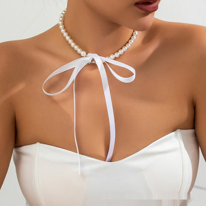 New Cross Border Retro French Velvet Pearl Bracelet Bow Collarbone Factory Wholesale Pearl Ribbon Necklace White