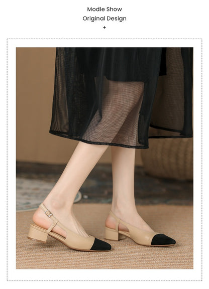 Trending Now at Buy Center: Leather Toe Cap French Style Chunky Heel Color Matching Women's Shoes