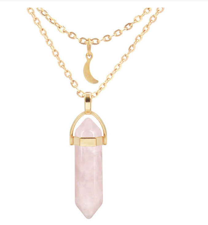 Hot New Items at Buy Center: Creative Glass Hexagonal Column Neck Chain Multi Layer Stacked Love Necklace Pink Diamond