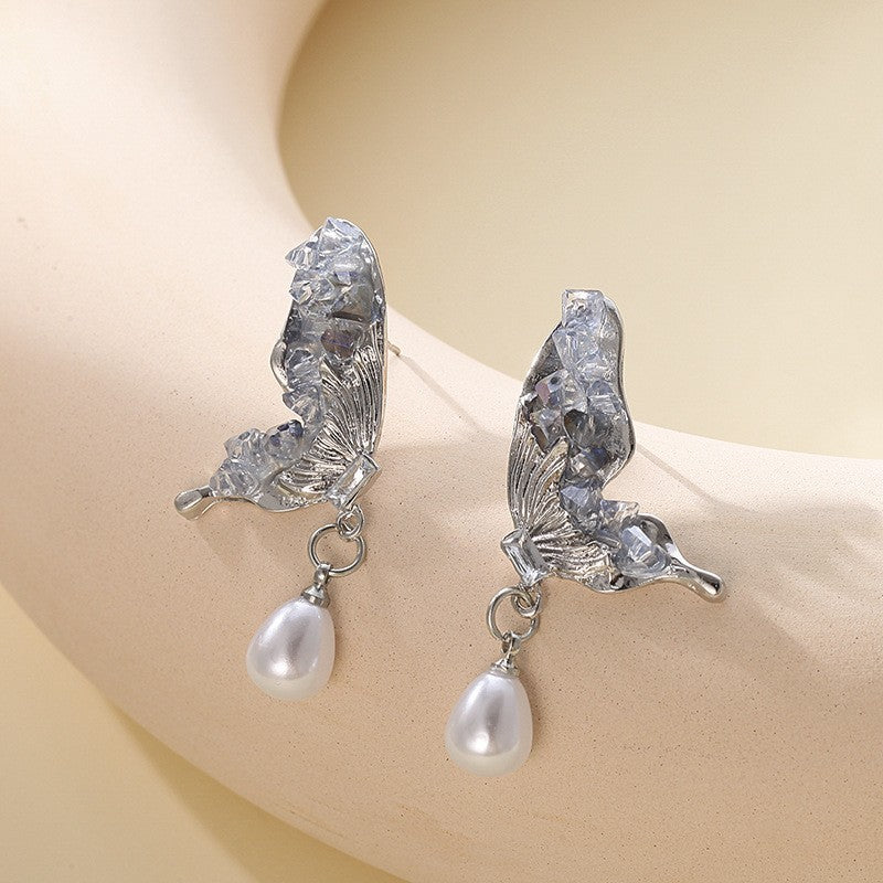 Buy Center Top Rated-Grey Butterfly Wings Pearl Earrings, Cute And Niche Design For Women, Earrings With Light Luxury Temperament, Earrings Grey