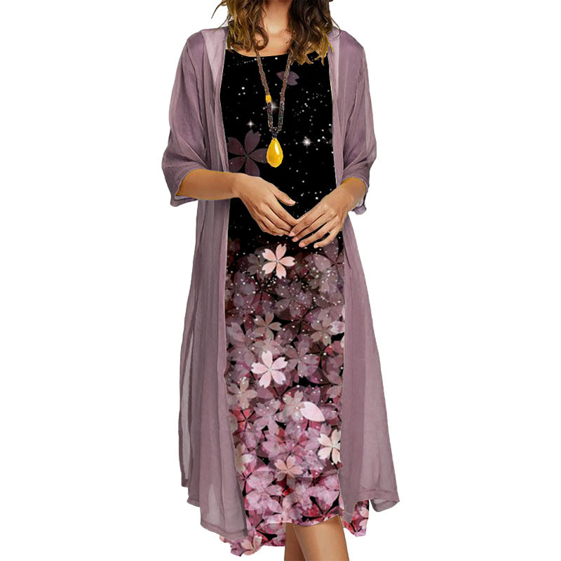 Just Arrived at Buy Center: Women's Dress Two-piece Set Flowers And Plants Printed Round Neck Dress And Coat