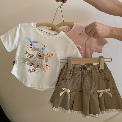 Newly Arrived at Buy Center: Cute Cartoon Puppy Bow Short Sleeve T-shirt Lace Edge Denim Skirt