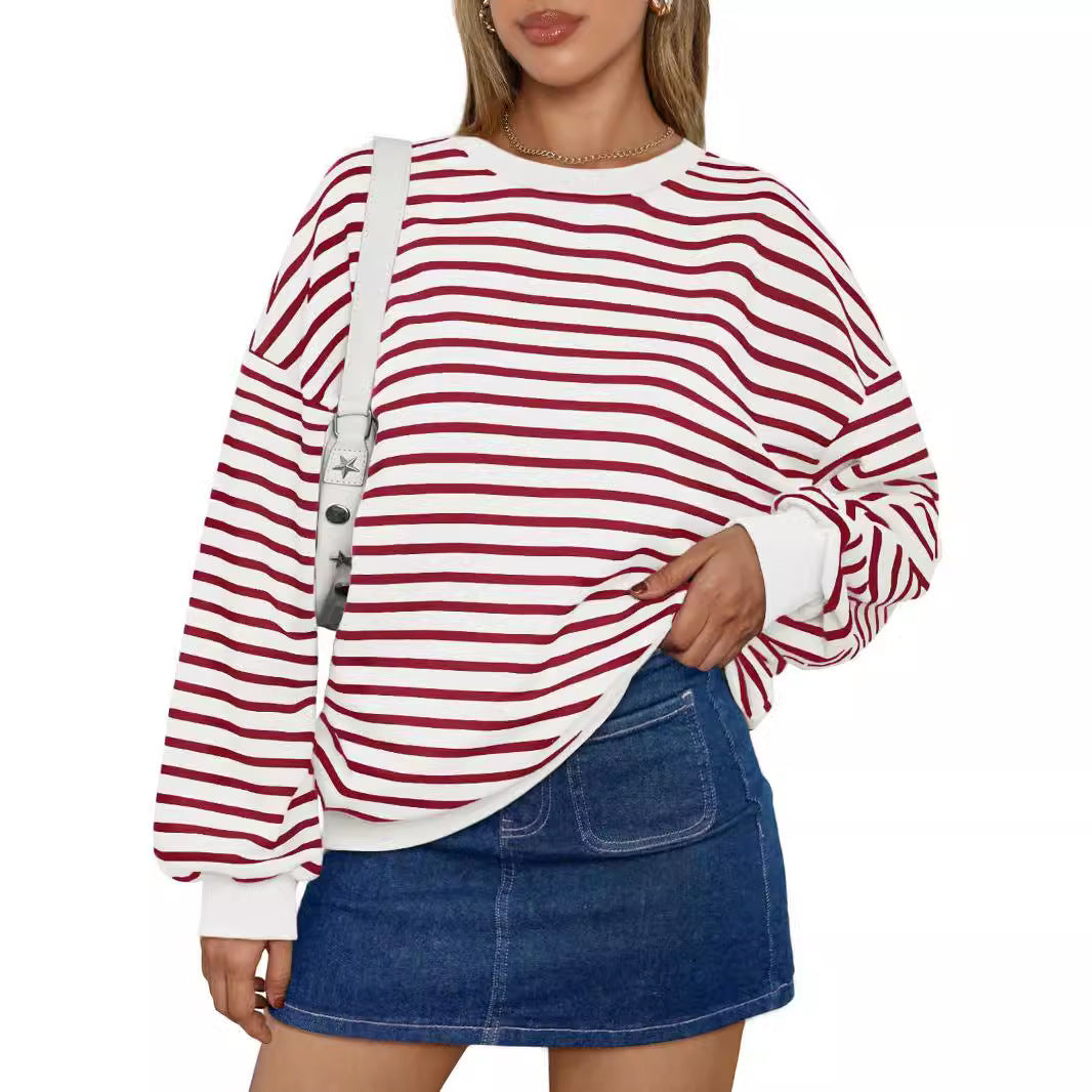 Fresh Arrivals at Buy Center: Women's Colorful Striped Round Neck Loose Sweatshirt