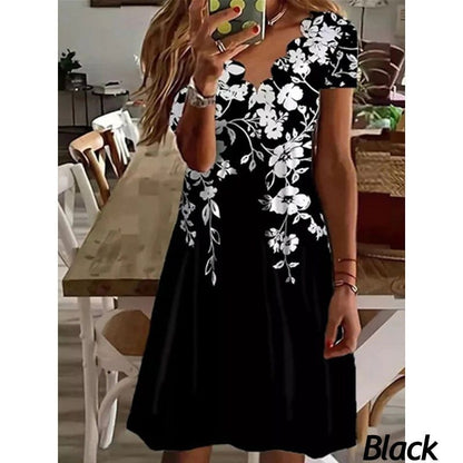 Newly Released at Buy Center: Printed Fluted Collar Short Sleeve Mid-length Dress Black