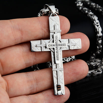 Now Available at Buy Center: Men's Creative National Fashion Personality Multi-layer Cross Jeweled Pendant Titanium Steel Necklace Cross 50CM