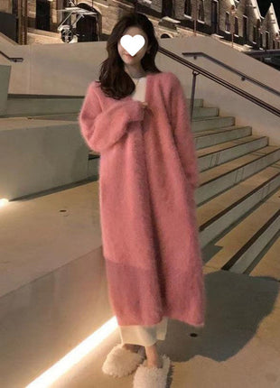 Mink-like Wool Cardigan Loose Size Thickened Mid-length Idle Style Knitted Coat