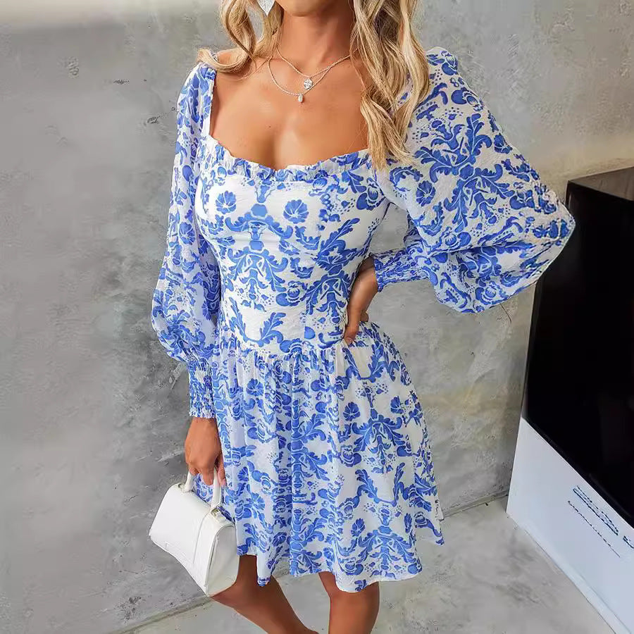 Fresh Arrivals at Buy Center: Square Collar Printed Long Sleeve Mini Dress Women