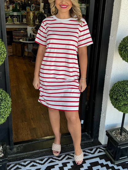 New Fashion Striped Round Neck Dress Women Rose Red On White Background