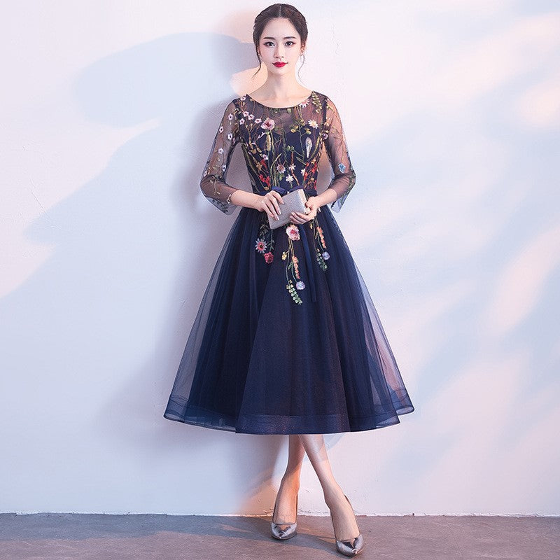 Fresh Arrivals at Buy Center: Korean Style Elegant Banquet Party Slimming Dress Women Navy Blue Mid Length Zipper