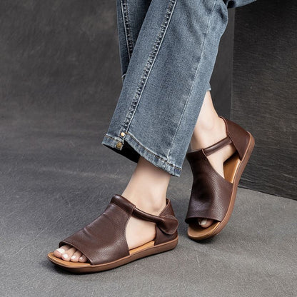 Just Arrived at Buy Center: Authentic Leather British Style Handmade Velcro Open Toe Sandals Brown