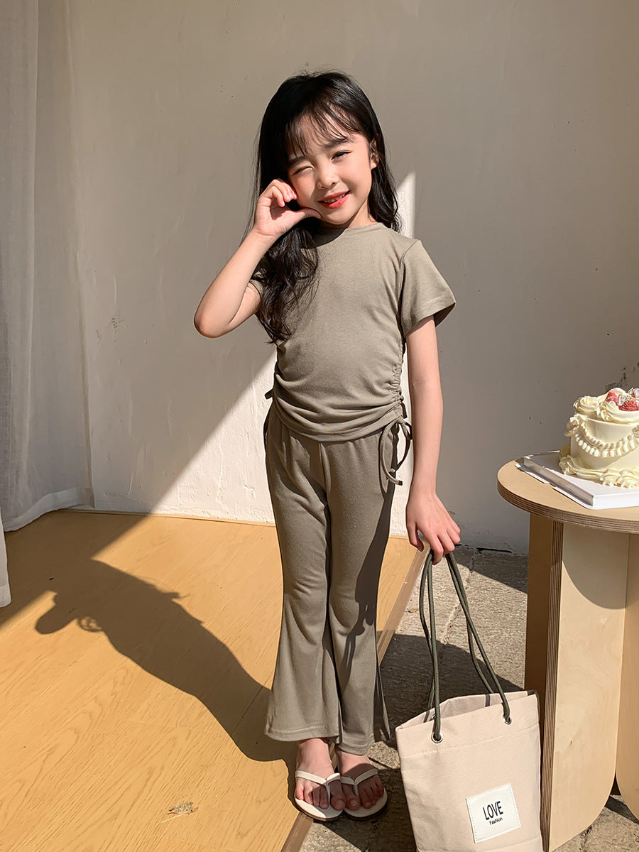 Just Arrived at Buy Center: Bell-bottom Pants Korean Style Summer Wear Drawstring Short Sleeve Fashion Casual Trousers Suit Grass Green