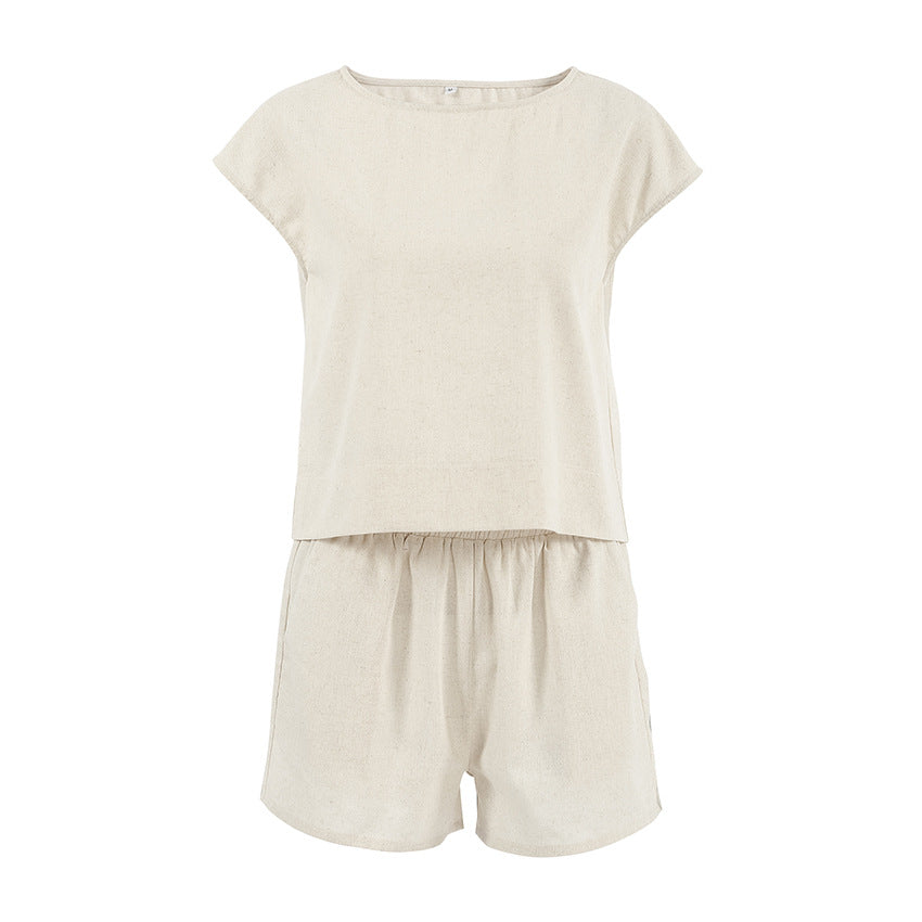 Just Arrived at Buy Center: Women's Khaki Cotton And Linen Drop-shoulder Sleeve Vest Shorts Two-piece Set