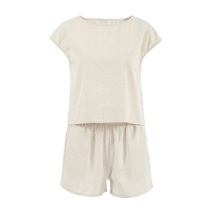 Just Arrived at Buy Center: Women's Khaki Cotton And Linen Drop-shoulder Sleeve Vest Shorts Two-piece Set