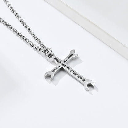 Just Arrived at Buy Center: Men's Titanium Steel Glossy Wrench Cross Necklace Steel Color