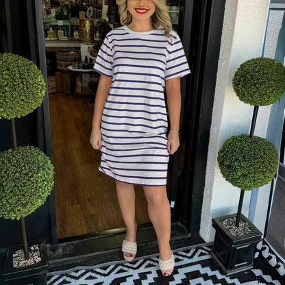 New Fashion Striped Round Neck Dress Women