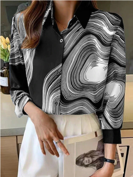 Now Available at Buy Center: Ink Painting Cotton Linen Long Sleeve Blouse Black