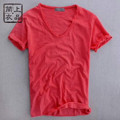 Newly Released at Buy Center: Simple Solid Color T-shirt Slub Cotton Men's Short-sleeved T-shirt Watermelon Red V Neck