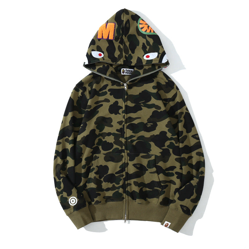 Fresh Arrivals at Buy Center: Classic Shark Camouflage Hooded Cardigan Zipper Terry Green