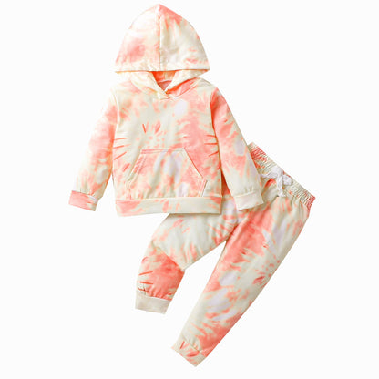 Hot New Items at Buy Center: Girls' Tie-dye Long-sleeved Trousers Hooded Suits Pink Yellow