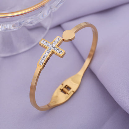 Trending Now at Buy Center: Women's Creative Double Layer Cross Diamond Loving Heart With Opening Stainless Steel Bracelet Gold B115