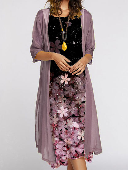 Just Arrived at Buy Center: Women's Dress Two-piece Set Flowers And Plants Printed Round Neck Dress And Coat Flower Pink