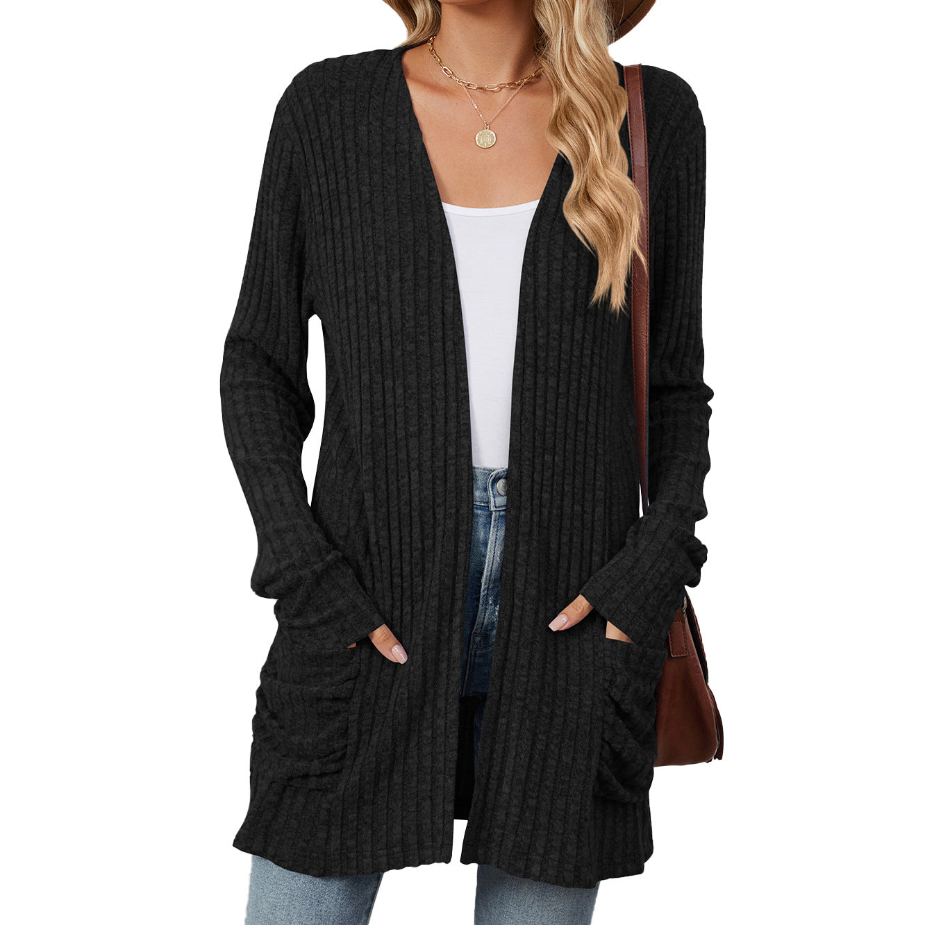 Just Arrived at Buy Center: Solid Color Pocket Long Sleeve Bottoming Cardigan Knitwear Black