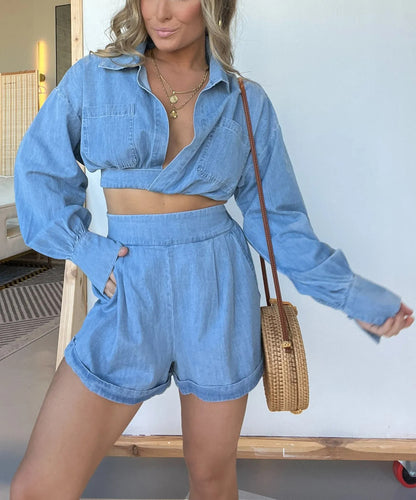 New Fashion Women's Wear Denim Shirt Deep V Long Sleeve Suit Blue