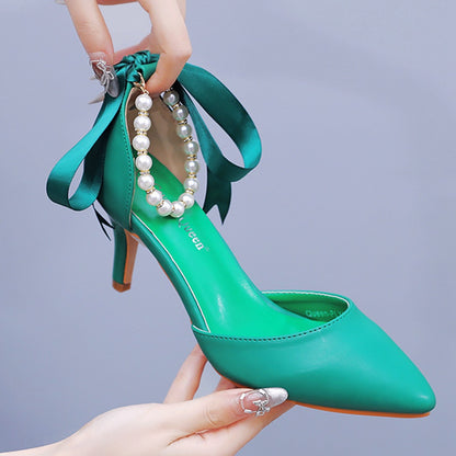 Fresh on the Scene at Buy Center: 7cm Mid Heel Rhinestone Beaded Ribbon Sandals Matte Soft PU Leather Dress Shoes For Women Green