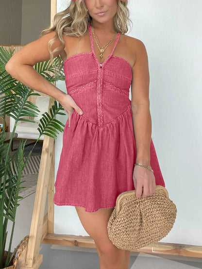 New Fashion Women's Halter Denim Dress Watermelon Red