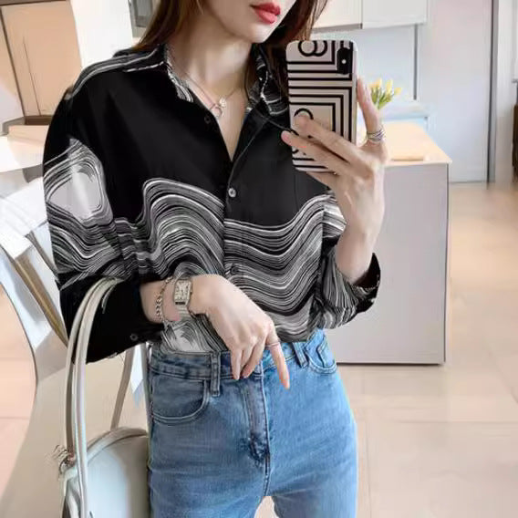 Now Available at Buy Center: Ink Painting Cotton Linen Long Sleeve Blouse