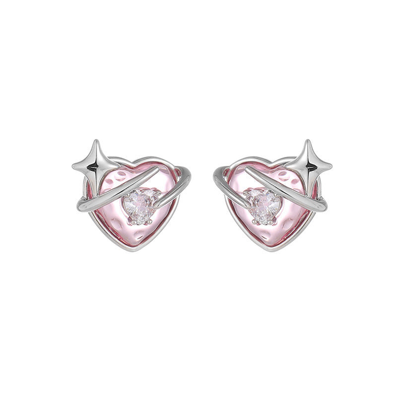 Hot New Items at Buy Center: Brass White Gold-plated Heart-shaped Four Eight-pointed Stars Zircon Stud Earrings For Women