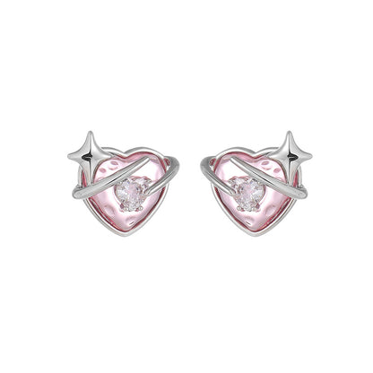 Hot New Items at Buy Center: Brass White Gold-plated Heart-shaped Four Eight-pointed Stars Zircon Stud Earrings For Women