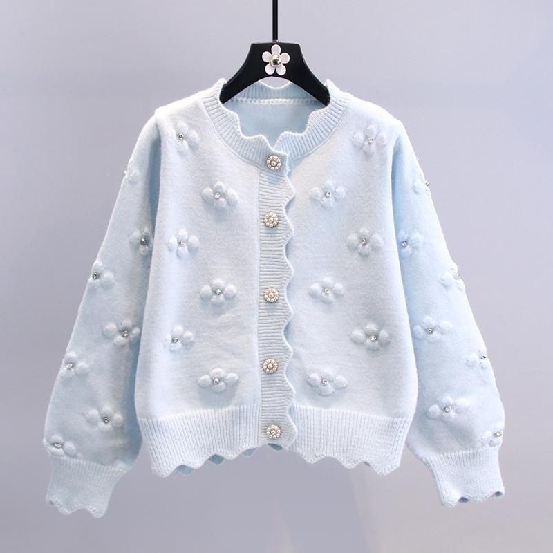 Just Arrived at Buy Center: Three-dimensional Beaded Small Flower Sweater Coat Japanese College Style Western Style Youthful-looking Knitted Cardigan