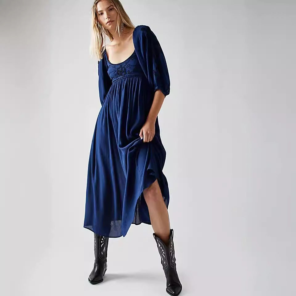 Fresh on the Scene at Buy Center: Bohemian FREE Vacation Style Vintage Embroidery Dress Sapphire Blue