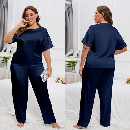 Fresh Arrivals at Buy Center: Ice Silk Pajamas Women's Summer Short-sleeved Trousers Navy Blue