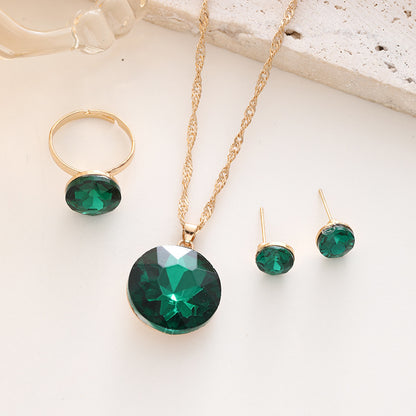 New Jewelry Suit Women's Round Crystal Zircon Necklace CK0267 Green Set Of 3