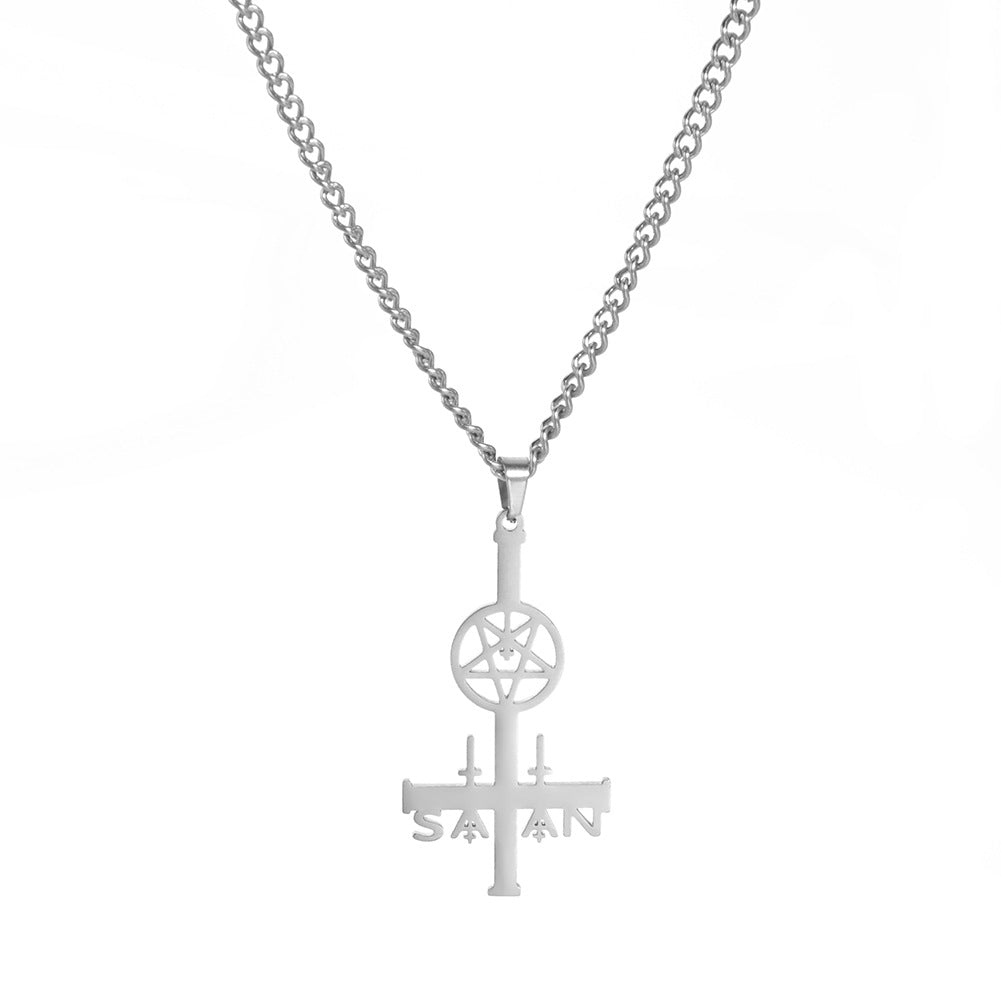 Fresh Arrivals at Buy Center: Men's Simplicity Inverted Cross Five-pointed Star Round Pendant Cross Necklace Steel Color