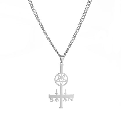 Fresh Arrivals at Buy Center: Men's Simplicity Inverted Cross Five-pointed Star Round Pendant Cross Necklace Steel Color