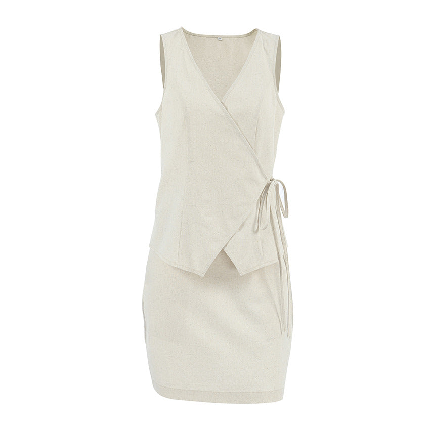 Just Arrived at Buy Center: Women's Design Sense Khaki Linen Vest Short Skirt Two-piece Set