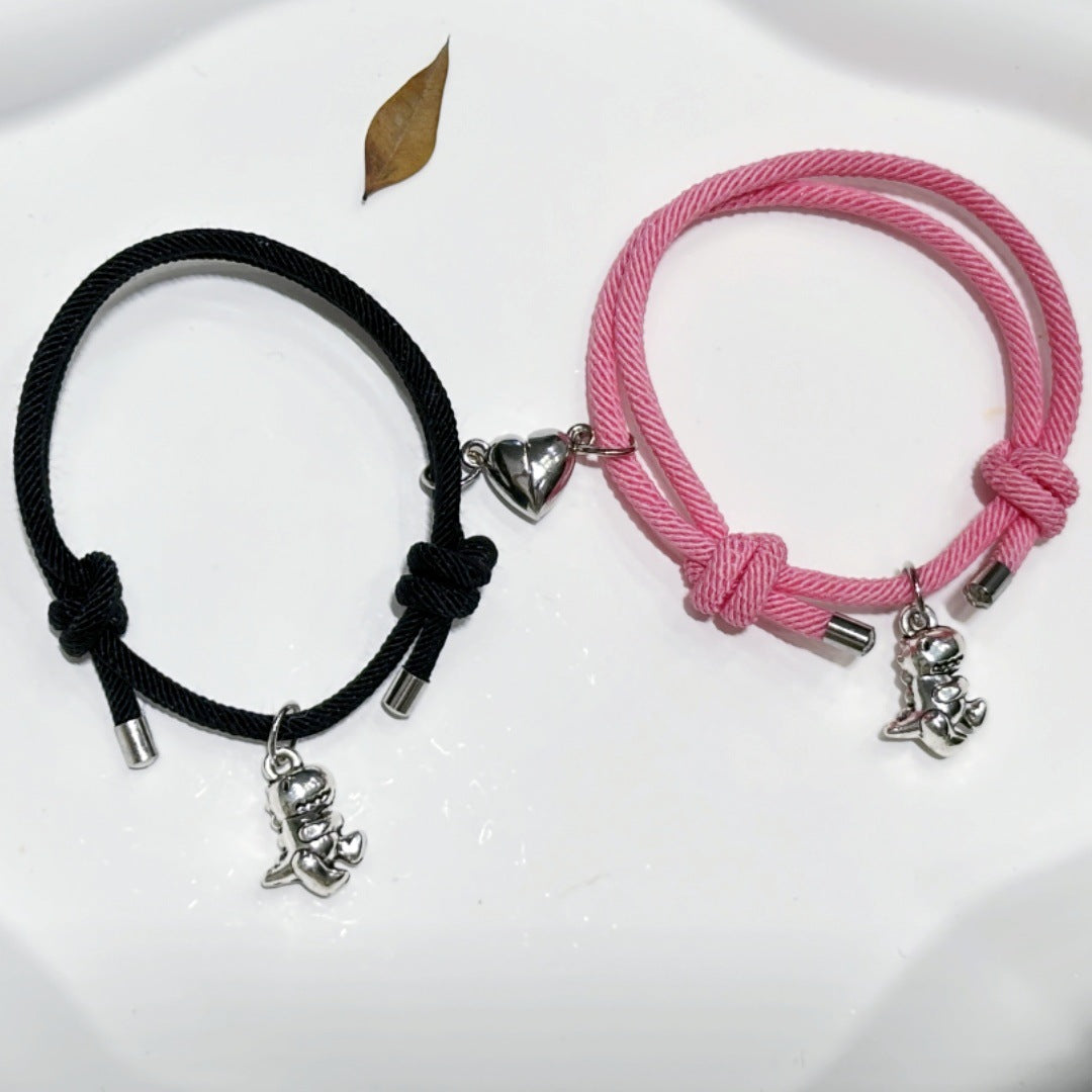 Hot New Items at Buy Center: Creative Cute 3D Little Dinosaur Pendant Love Magnetic Snap Suction Couple Bracelet Black Pink