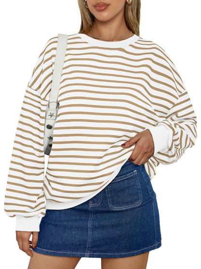 Fresh Arrivals at Buy Center: Women's Colorful Striped Round Neck Loose Sweatshirt Khaki