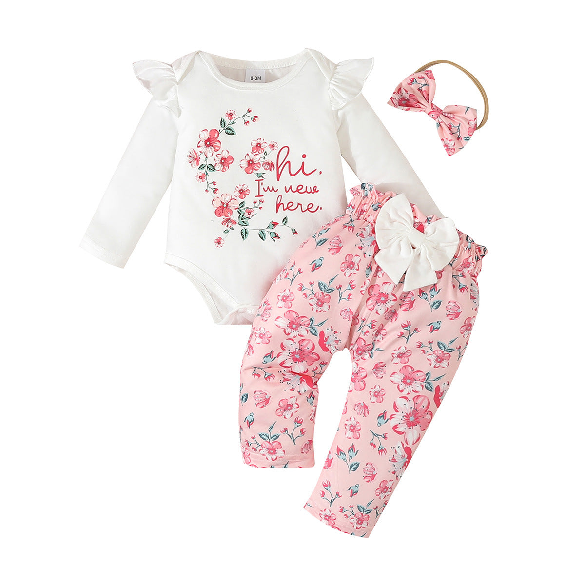 Fresh Arrivals at Buy Center: Infant Long Sleeve Pants Letter Floral Bow Print 3 Piece Set Suit