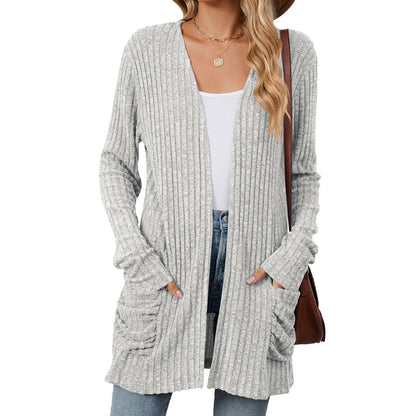 Just Arrived at Buy Center: Solid Color Pocket Long Sleeve Bottoming Cardigan Knitwear Light Gray