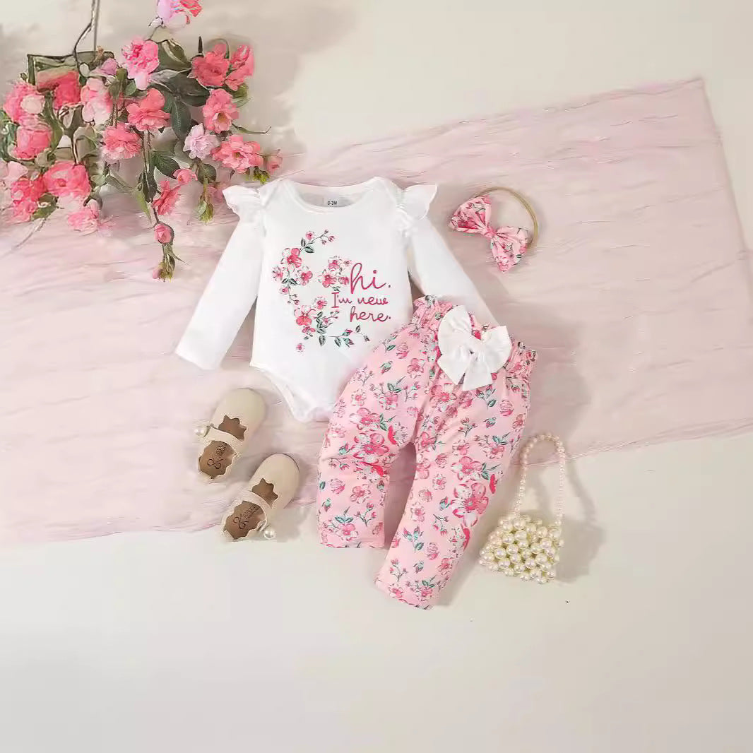 Fresh Arrivals at Buy Center: Infant Long Sleeve Pants Letter Floral Bow Print 3 Piece Set Suit