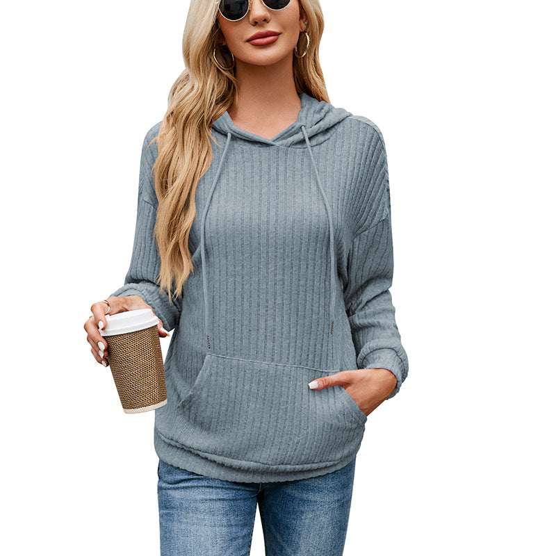 Fresh Arrivals at Buy Center: Women's Knitwear Hooded Sunken Stripe Kangaroo Pocket Sweatshirt Blue