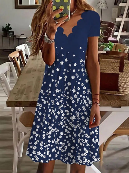 Newly Released at Buy Center: Printed Fluted Collar Short Sleeve Mid-length Dress Dark Blue