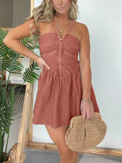 New Fashion Women's Halter Denim Dress Reddish Brown