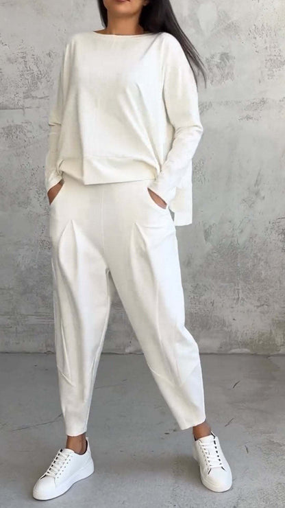 New Women's Irregular Design Long-sleeved Sweater Harem Pants Suit White