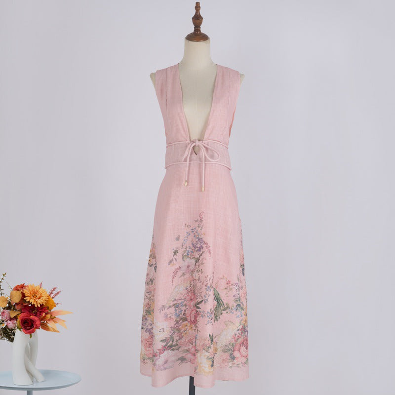 Hot New Items at Buy Center: Deep Design V-neck Pink Positioning Printing Sleeveless Holiday Fashionable Cotton And Linen Dress Pink